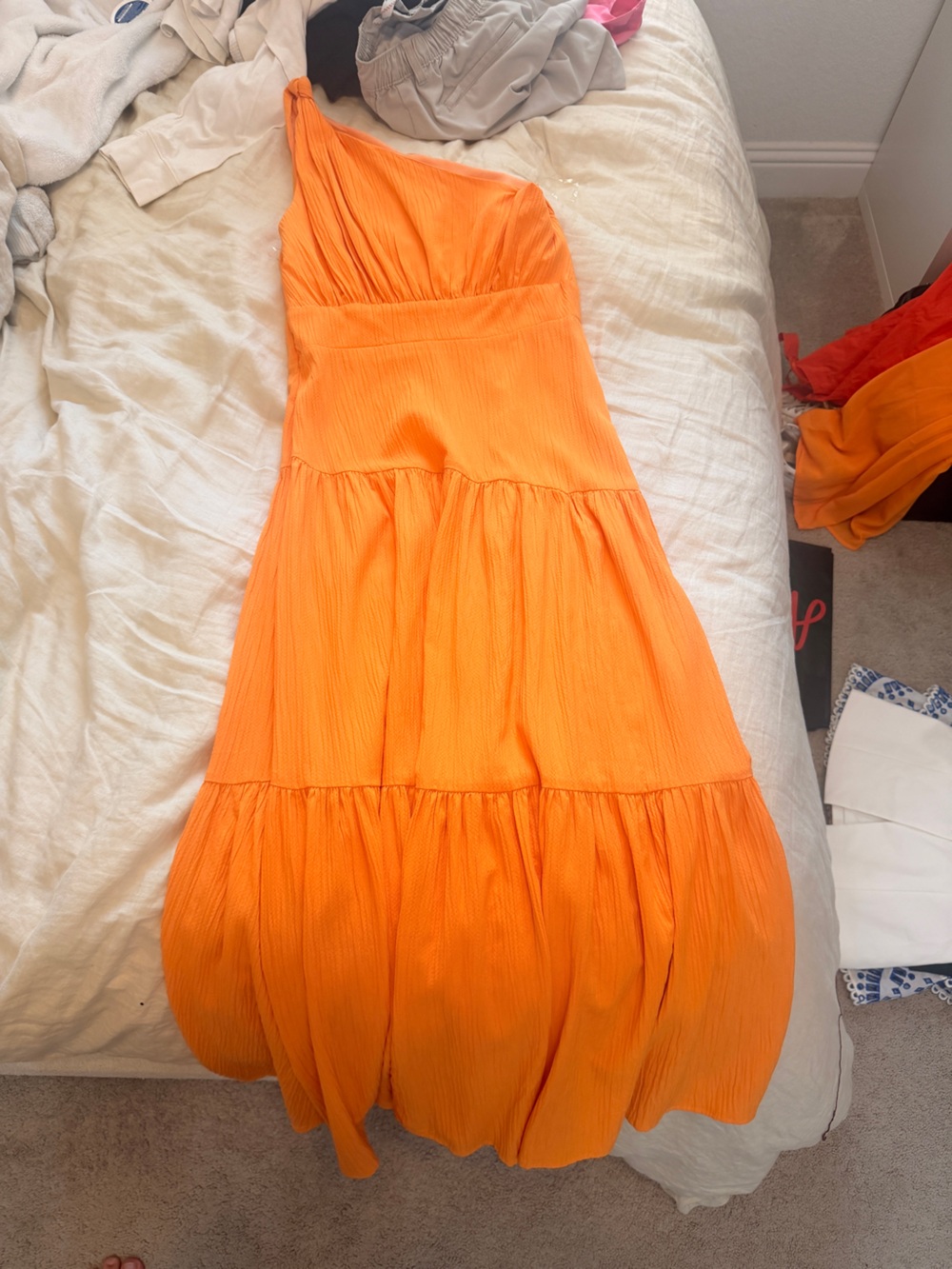 Showpo One-Shoulder Tiered Maxi Dress in Bright Orange